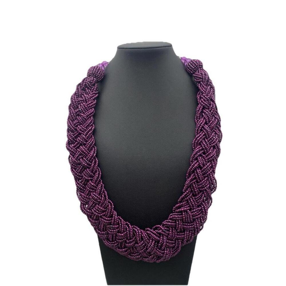 Seed Bead / Beaded Braided Necklace‎ Purple Iridescent Boho Beauty